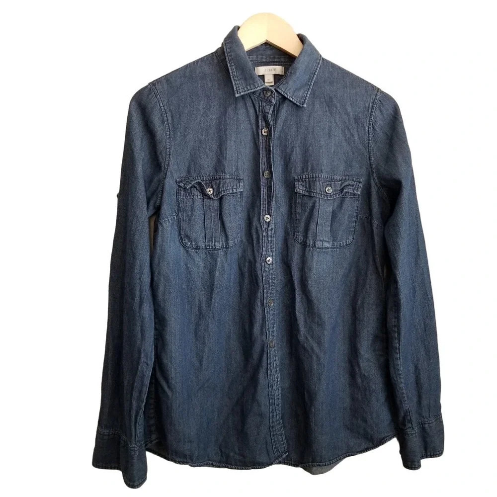 J.Crew Women's Button-Up Top Size 10T Blue 100% Cotton Long Sleeves Collared